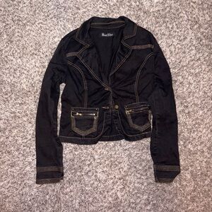 Gothic Black Women's Tailored Jacket with Contrast Gold Stitching